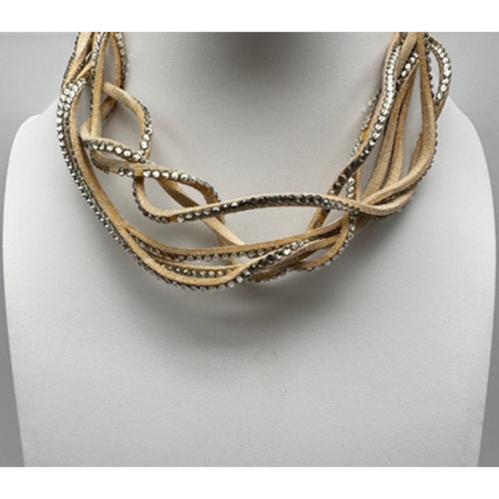 Vintage 90s Tan Suede Leather Multi-Strand Rhinestone Choker Necklace Women's